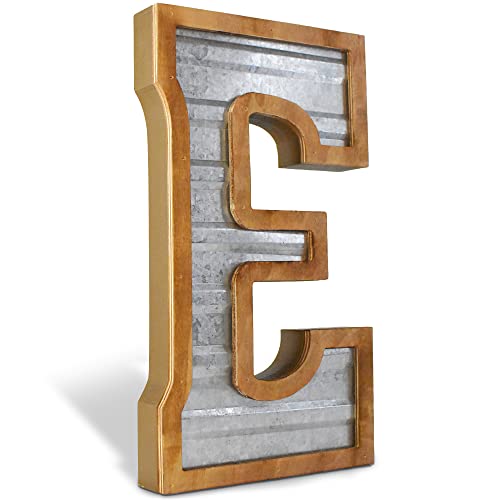 Tavenly 14" Galvanized Farmhouse Letters for Home Decor - 3D Large Metal Letter with Wooden Border - Rustic Monogram Signs for Living Room, Kitchen, Wood Farmhouse Decor, Decorative Wall Art - E