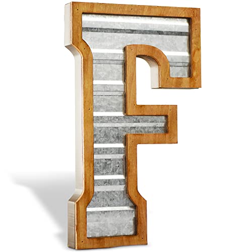 Tavenly 14" Galvanized Farmhouse Letters for Home Decor - 3D Large Metal Letter with Wooden Border - Rustic Monogram Signs for Living Room, Kitchen, Wood Farmhouse Decor, Decorative Wall Art - F