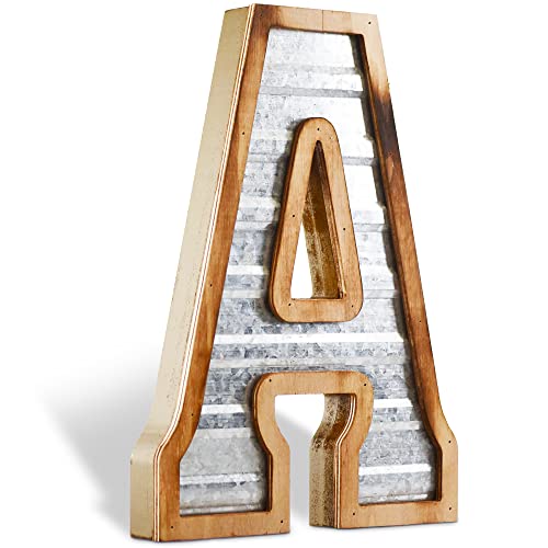 Tavenly 14" Galvanized Farmhouse Letters for Home Decor - 3D Large Metal Letter with Wooden Border - Rustic Monogram Signs for Living Room, Kitchen, Wood Farmhouse Decor, Decorative Wall Art - A