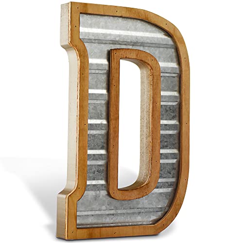 Tavenly 14" Galvanized Farmhouse Letters for Home Decor - 3D Large Metal Letter with Wooden Border - Rustic Monogram Signs for Living Room, Kitchen, Wood Farmhouse Decor, Decorative Wall Art - D