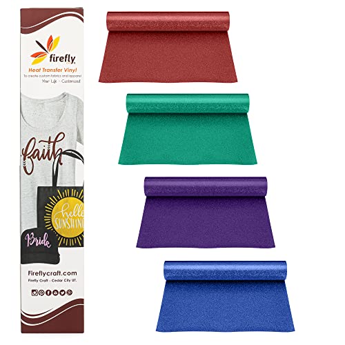 Firefly Craft Glitter Heat Transfer Vinyl (Red, Green, Royal Blue, Dark Purple) ? for Plotter Printer and Die Cut Machine ? 4 Pack (12 x 20 inch)