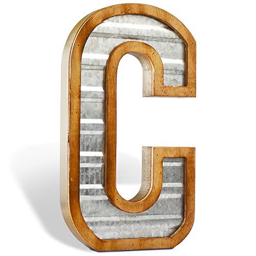 Tavenly 14" Galvanized Farmhouse Letters for Home Decor - 3D Large Metal Letter with Wooden Border - Rustic Monogram Signs for Living Room, Kitchen, Wood Farmhouse Decor, Decorative Wall Art - C