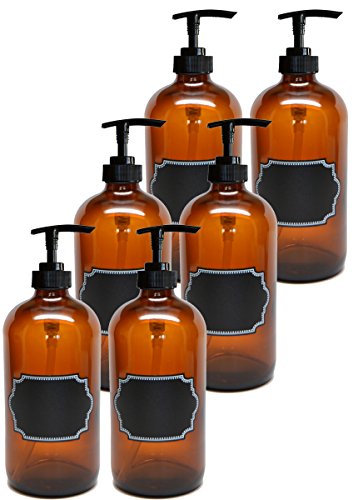 Firefly Craft 6 Pack Amber Glass Bottles with Pump and Chalkboard Labels, 16 Ounces Each
