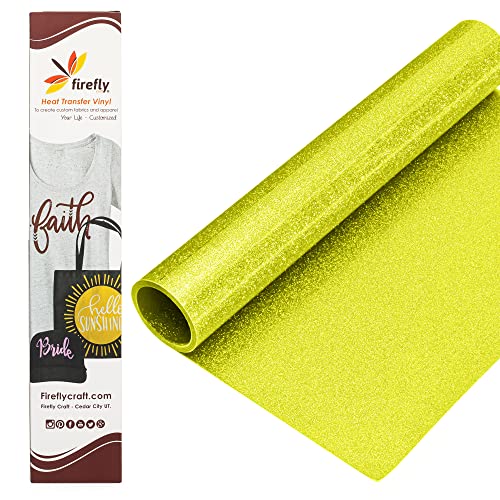 Firefly Craft Glitter Neon Yellow - Heat Transfer Vinyl - Iron On Fabric Sheets for Shirt Transfers - Vinyl for Cricut - Heat Press Vinyl - Single Colors or Bundle Multipack- 1 Piece (12" X 20")