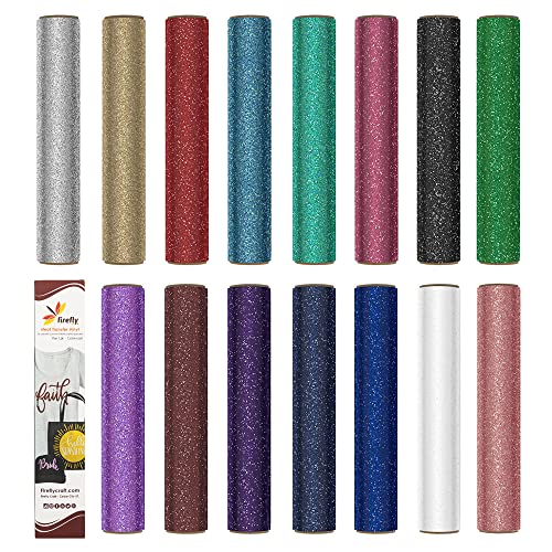 Firefly Craft Glitter Heat Transfer Vinyl Bundle (Black, White, Gold ,Green and More) ? HTV Vinyl for Plotter Printer and Die-Cut Machine ? Iron On or Heat Press ? 15 Pack (12" x 20" Sheets)