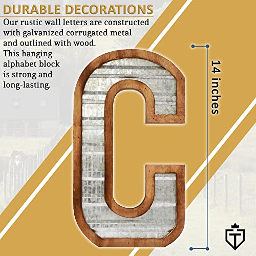 Tavenly 14" Galvanized Farmhouse Letters for Home Decor - 3D Large Metal Letter with Wooden Border - Rustic Monogram Signs for Living Room, Kitchen, Wood Farmhouse Decor, Decorative Wall Art - C