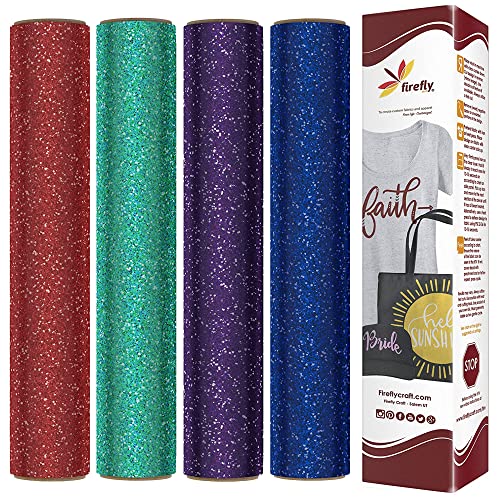 Firefly Craft Glitter Heat Transfer Vinyl (Red, Green, Royal Blue, Dark Purple) ? for Plotter Printer and Die Cut Machine ? 4 Pack (12 x 20 inch)